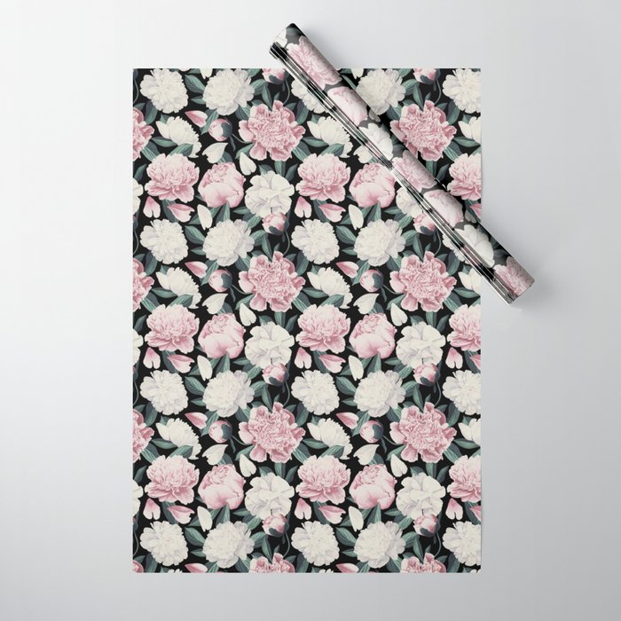 Chic Peonies on Black Wrapping Paper Gallery Image 1