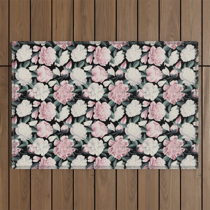 Chic Peonies on Black Outdoor Rug Gallery Image 1