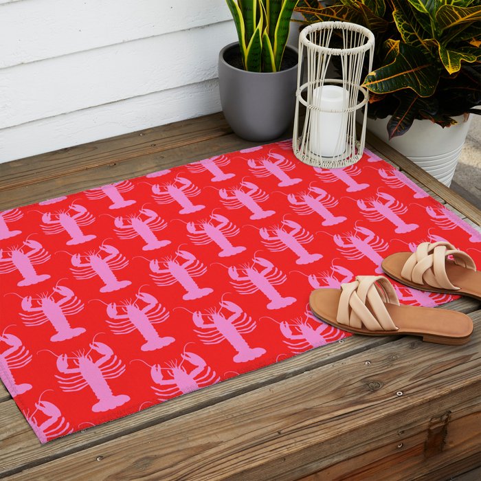 Pop Lobsters Preppy Pink and Red Pattern Outdoor Rug Gallery Image 2