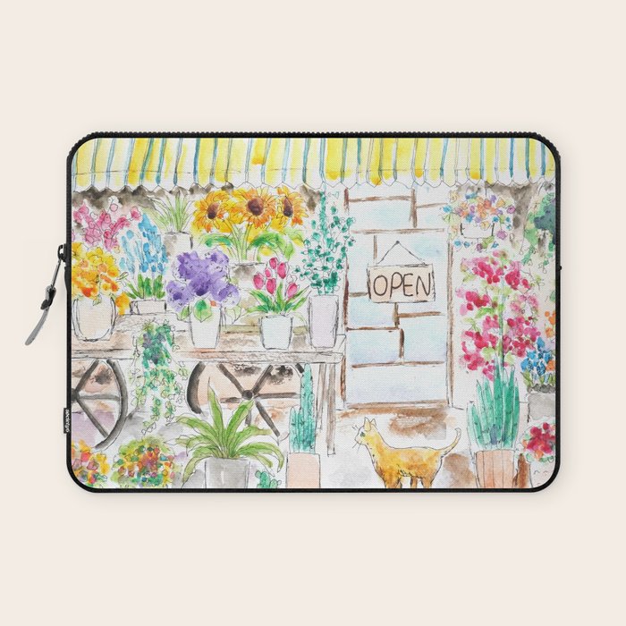 cheerful flower shop and a cat watercolor  Laptop Sleeve Gallery Image 1