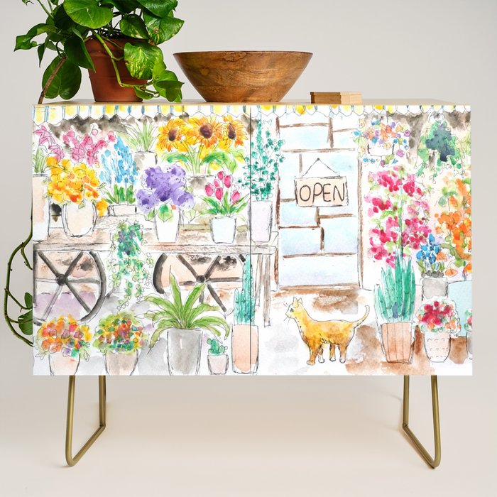 cheerful flower shop and a cat watercolor  Credenza Gallery Image 1