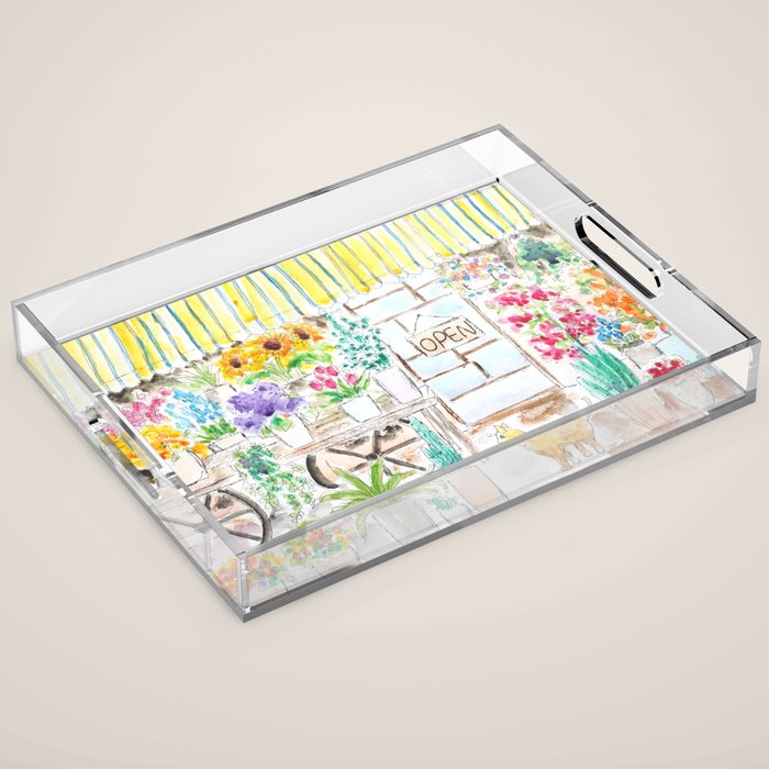 cheerful flower shop and a cat watercolor  Acrylic Tray Gallery Image 1