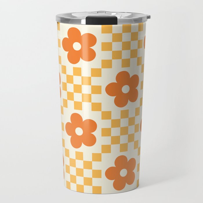 Retro Flower Double Checker in Yellow & Orange Travel Mug Gallery Image 1