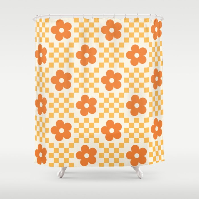 Retro Flower Double Checker in Yellow & Orange Shower Curtain Gallery Image 1