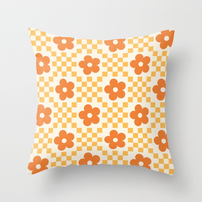 Retro Flower Double Checker in Yellow & Orange Throw Pillow Gallery Image 6
