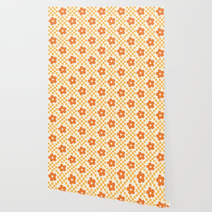 Retro Flower Double Checker in Yellow & Orange Wallpaper Gallery Image 2