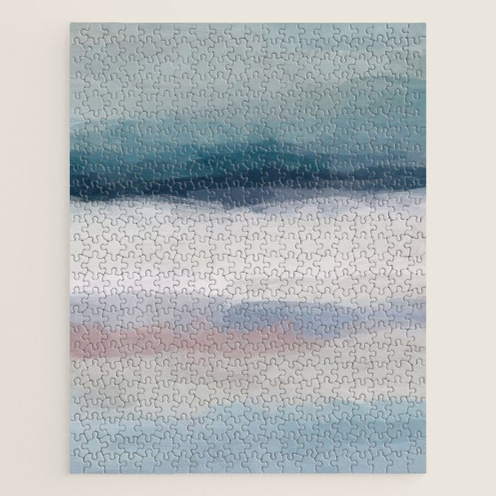 Lullaby Waves III - Dark Teal Blue White Pink Light Blue Modern Art, Ocean Waves Nursery Beach Jigsaw Puzzle Gallery Image 1