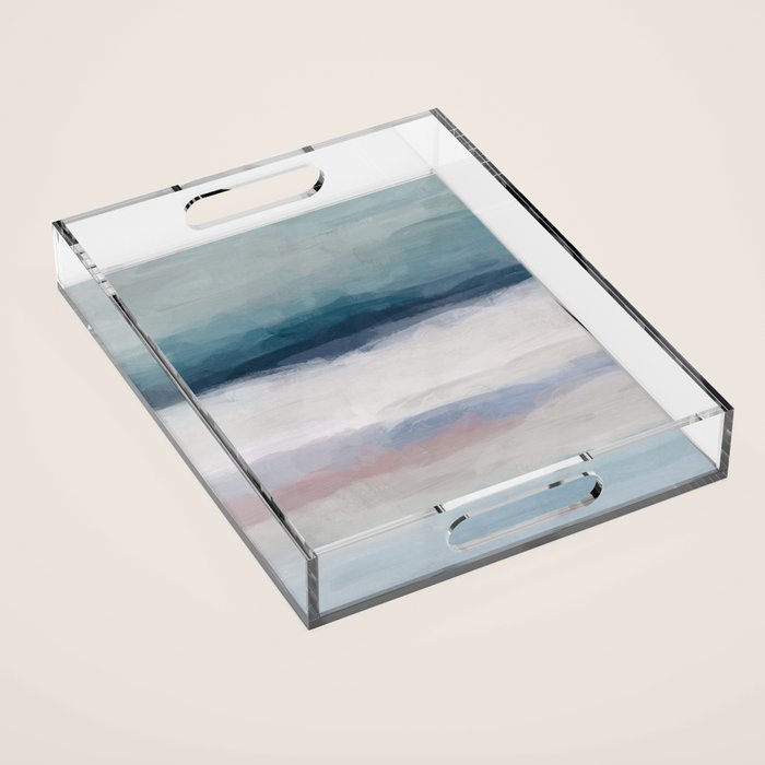 Lullaby Waves III - Dark Teal Blue White Pink Light Blue Modern Art, Ocean Waves Nursery Beach Acrylic Tray Gallery Image 1