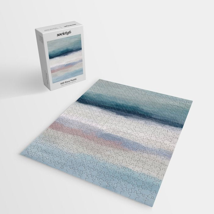 Lullaby Waves III - Dark Teal Blue White Pink Light Blue Modern Art, Ocean Waves Nursery Beach Jigsaw Puzzle Gallery Image 2