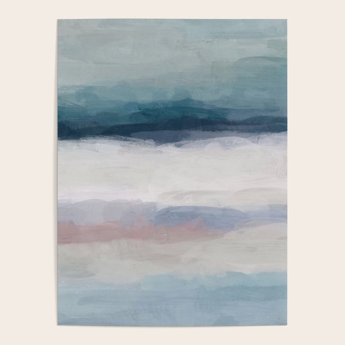 Lullaby Waves III - Dark Teal Blue White Pink Light Blue Modern Art, Ocean Waves Nursery Beach Poster Gallery Image 1
