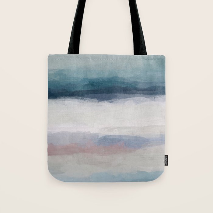 Lullaby Waves III - Dark Teal Blue White Pink Light Blue Modern Art, Ocean Waves Nursery Beach Tote Bag Gallery Image 1