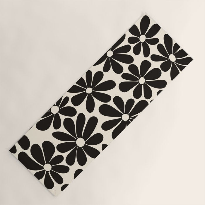 Retro Groovy Black & White Flowers Yoga Mat Gallery Image 1