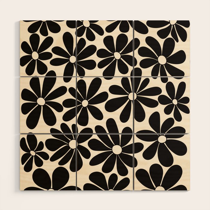 Retro Groovy Black & White Flowers Wood Wall Art Gallery Image 1