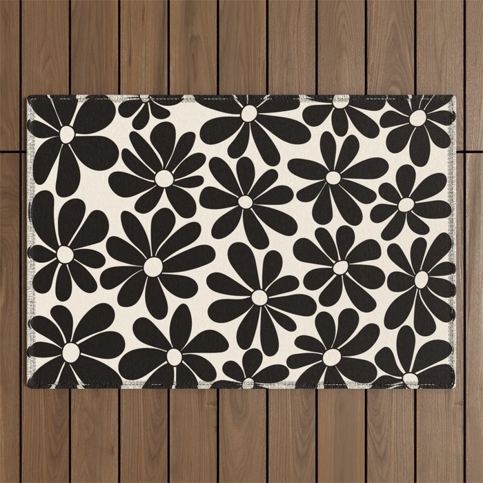 Retro Groovy Black & White Flowers Outdoor Rug Gallery Image 1
