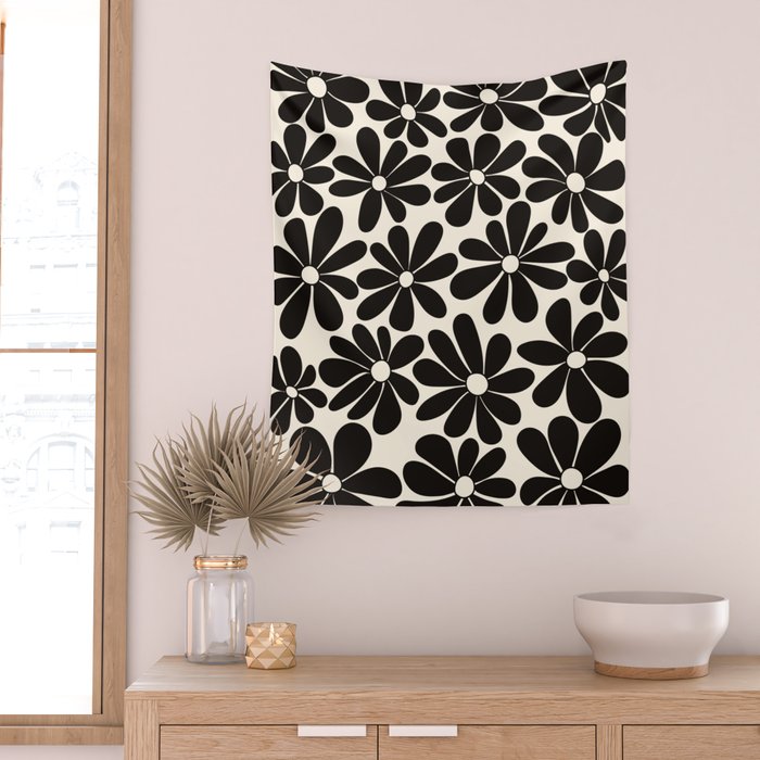Retro Groovy Black & White Flowers Wall Tapestry Gallery Image 2