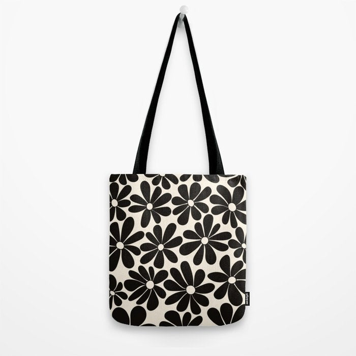 Retro Groovy Black & White Flowers Tote Bag Gallery Image 2