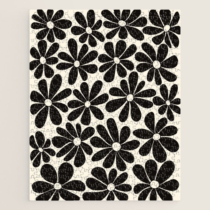 Retro Groovy Black & White Flowers Jigsaw Puzzle Gallery Image 1