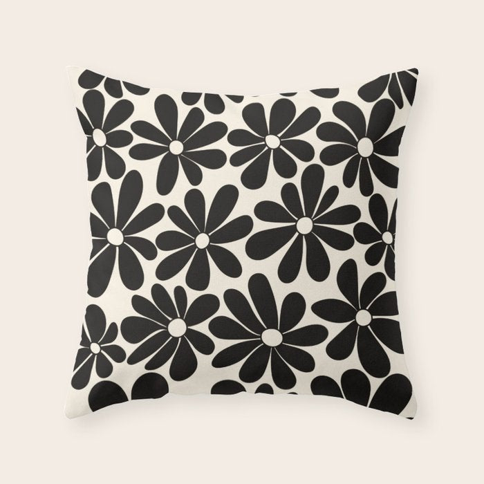 Retro Groovy Black & White Flowers Throw Pillow Gallery Image 1