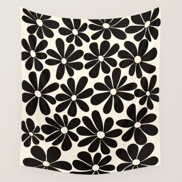 Retro Groovy Black & White Flowers Wall Tapestry Gallery Image 4