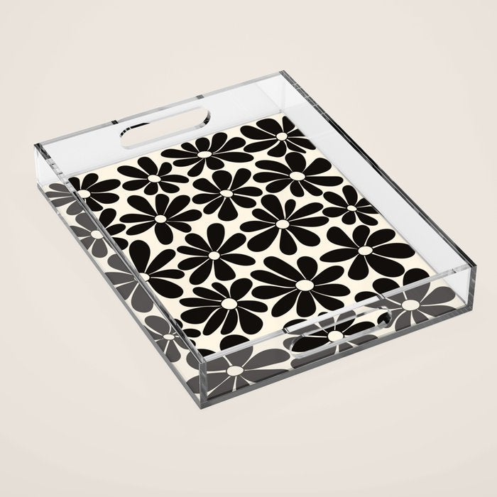 Retro Groovy Black & White Flowers Acrylic Tray Gallery Image 1