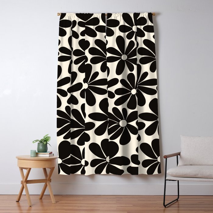 Retro Groovy Black & White Flowers Window Curtain Gallery Image 1