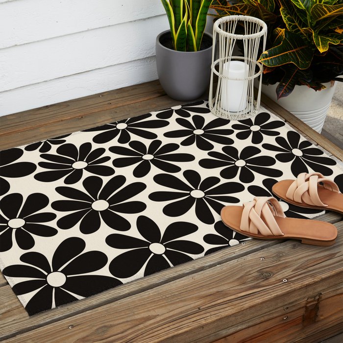 Retro Groovy Black & White Flowers Outdoor Rug Gallery Image 2