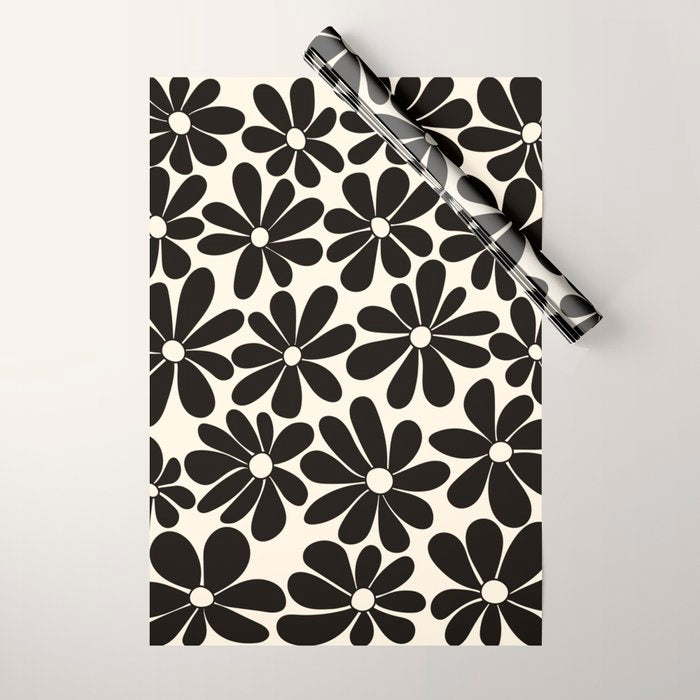 Retro Groovy Black & White Flowers Wrapping Paper Gallery Image 1
