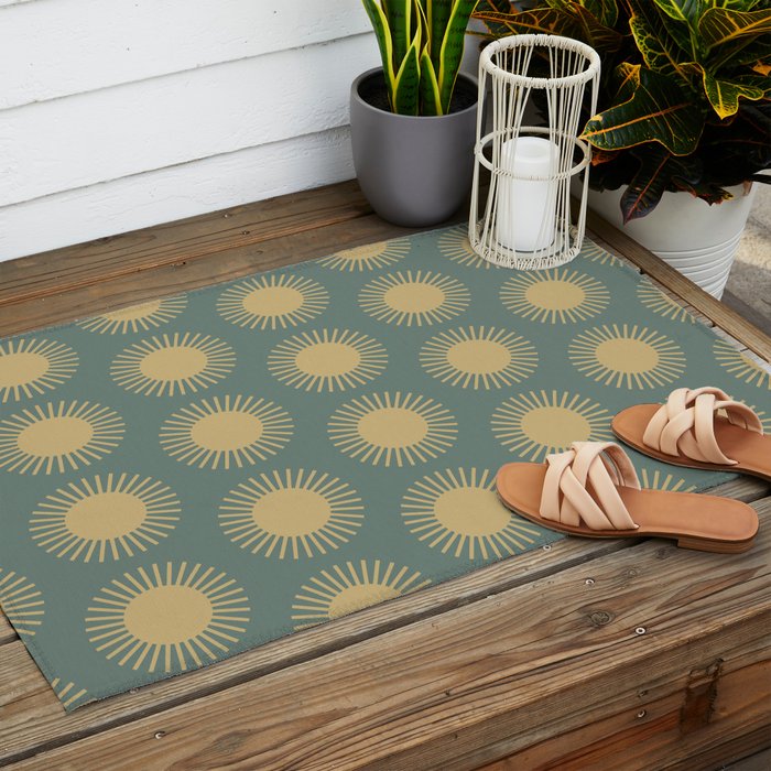Boho Summer Sun Pattern XVI Neutral Earthy Sage Yellow Outdoor Rug Gallery Image 2