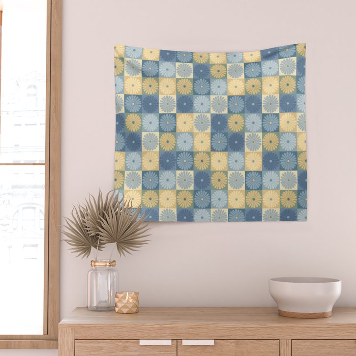 Retro Flowers Check Pattern VII Wall Tapestry Gallery Image 2