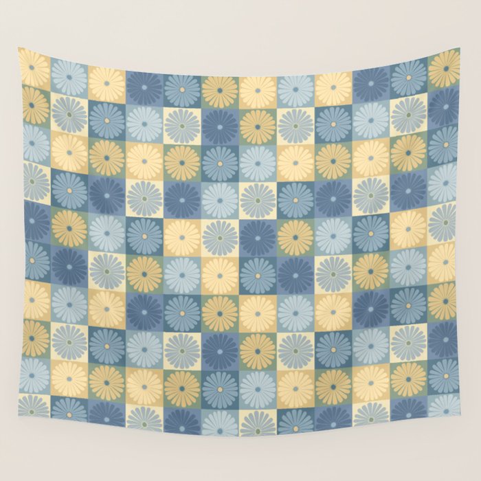 Retro Flowers Check Pattern VII Wall Tapestry Gallery Image 1