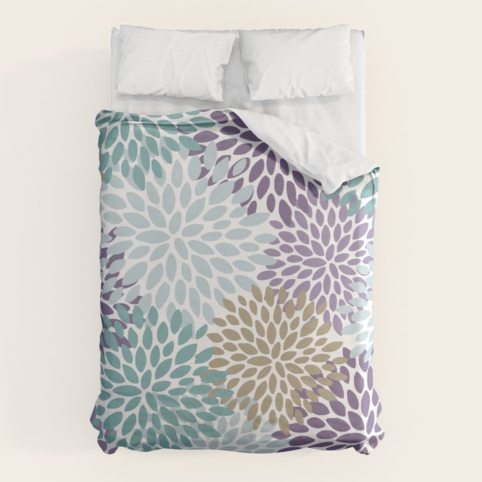 Floral Blooms, Purple, Teal, Gold Duvet Cover Gallery Image 1