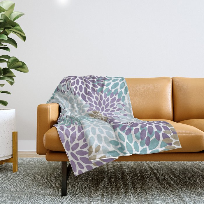 Floral Blooms, Purple, Teal, Gold Throw Blanket Gallery Image 1
