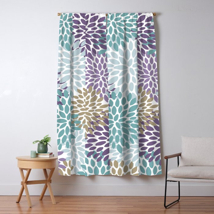 Floral Blooms, Purple, Teal, Gold Window Curtain Gallery Image 1