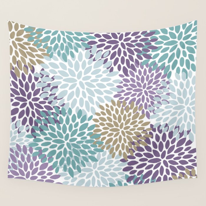 Floral Blooms, Purple, Teal, Gold Wall Tapestry Gallery Image 4