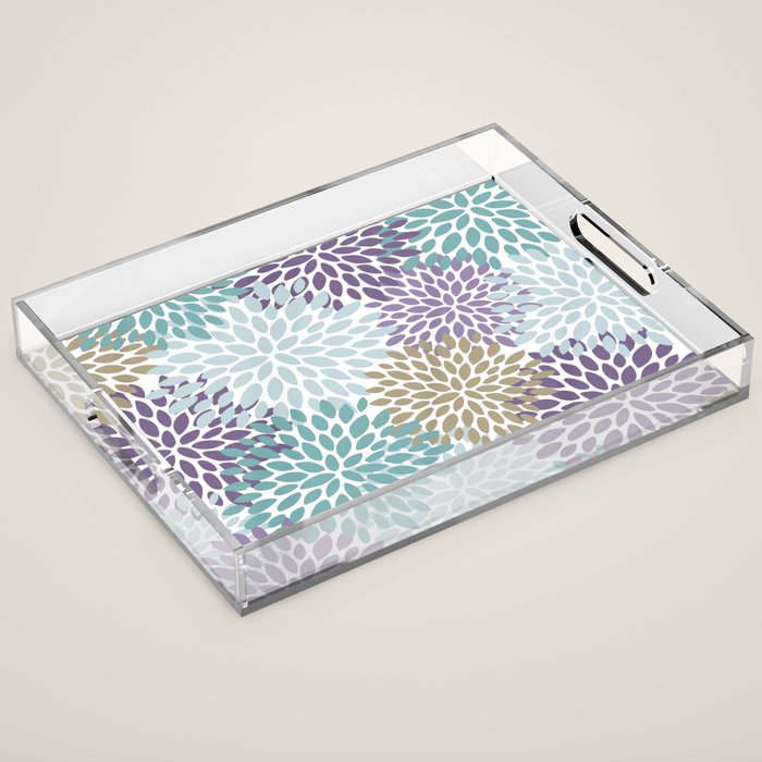 Floral Blooms, Purple, Teal, Gold Acrylic Tray Gallery Image 1