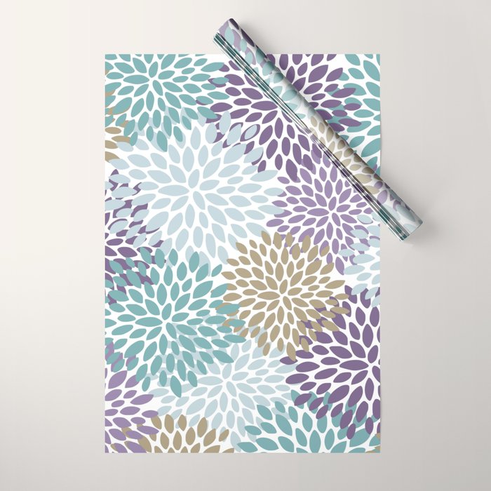 Floral Blooms, Purple, Teal, Gold Wrapping Paper Gallery Image 1