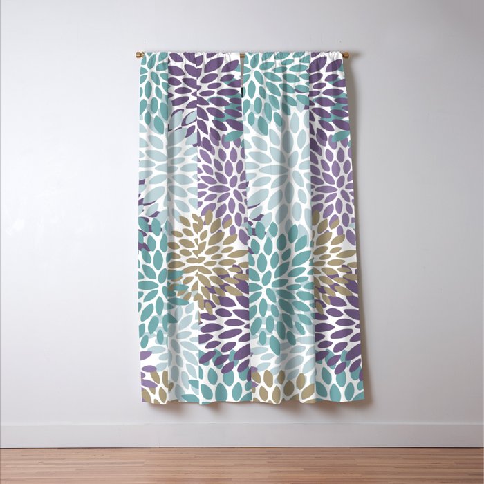 Floral Blooms, Purple, Teal, Gold Window Curtain Gallery Image 3