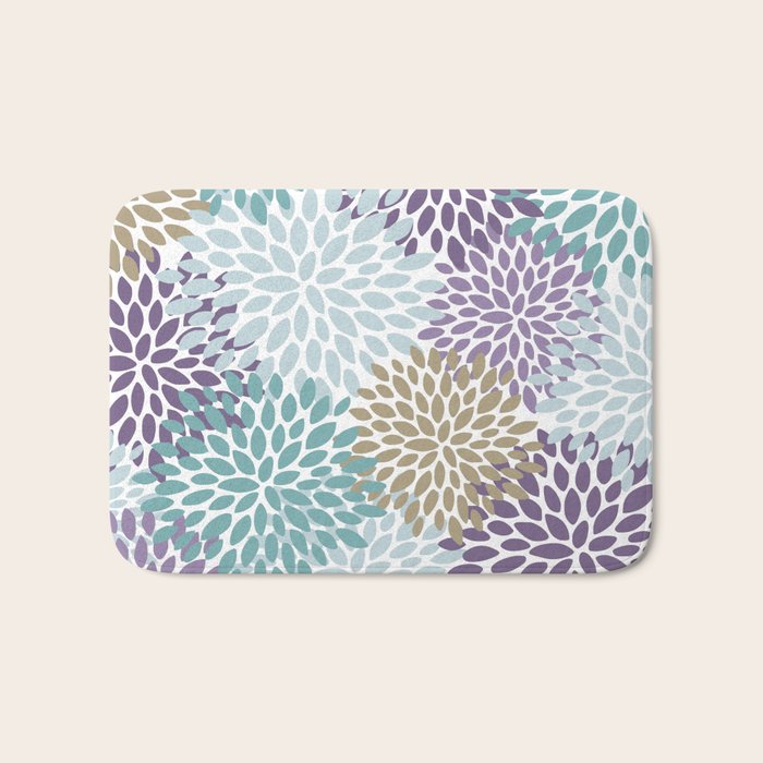 Floral Blooms, Purple, Teal, Gold Bath Mat Gallery Image 1