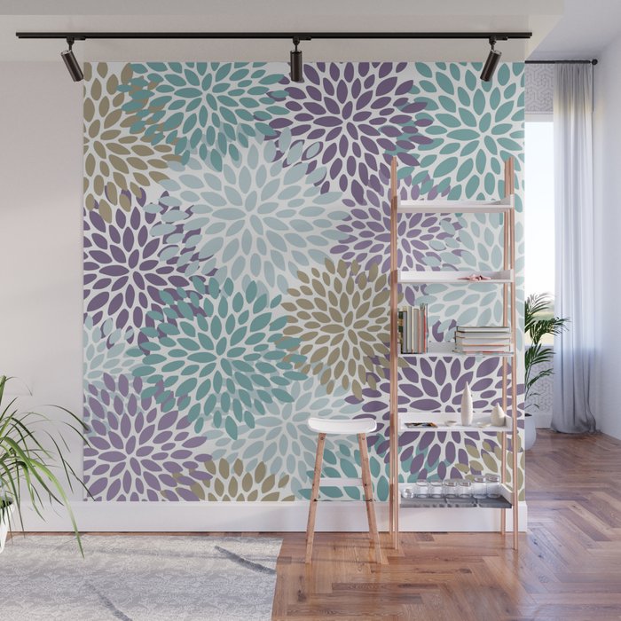 Floral Blooms, Purple, Teal, Gold Wall Mural Gallery Image 1