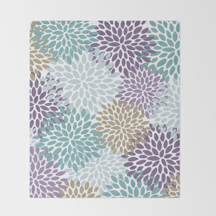 Floral Blooms, Purple, Teal, Gold Throw Blanket Gallery Image 2