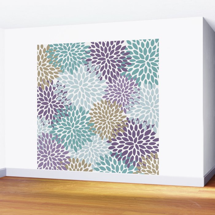 Floral Blooms, Purple, Teal, Gold Wall Mural Gallery Image 2