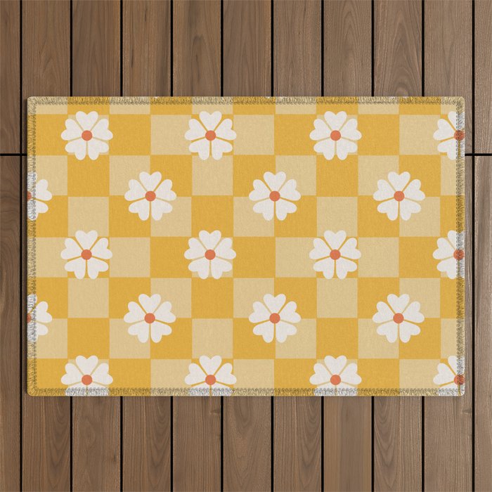 Daisies On Yellow Checkerboard Outdoor Rug Gallery Image 1
