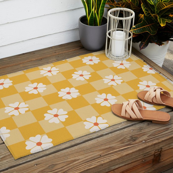 Daisies On Yellow Checkerboard Outdoor Rug Gallery Image 2