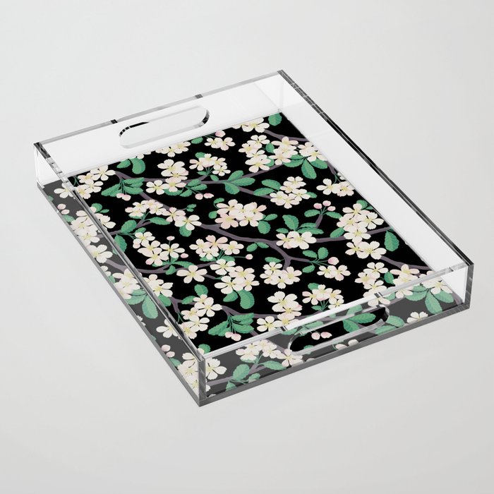 Apple Blossom Pattern on Black Acrylic Tray Gallery Image 1