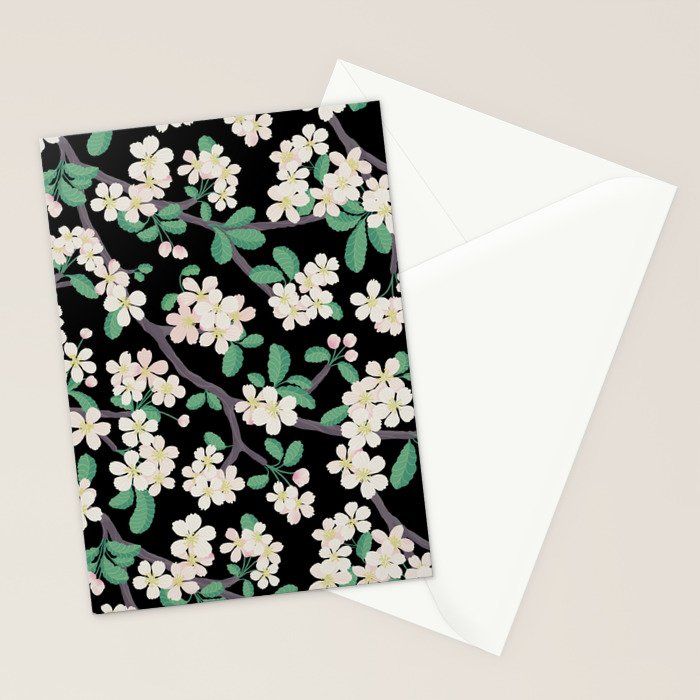 Apple Blossom Pattern on Black Stationery Card Gallery Image 2