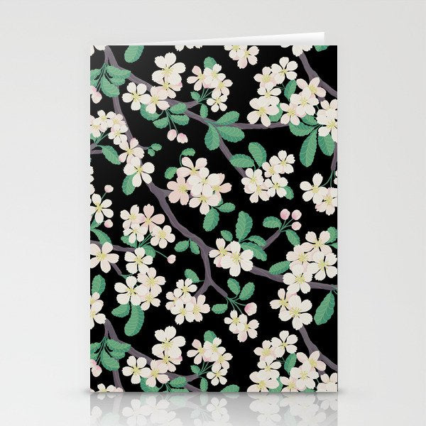 Apple Blossom Pattern on Black Stationery Card Gallery Image 1
