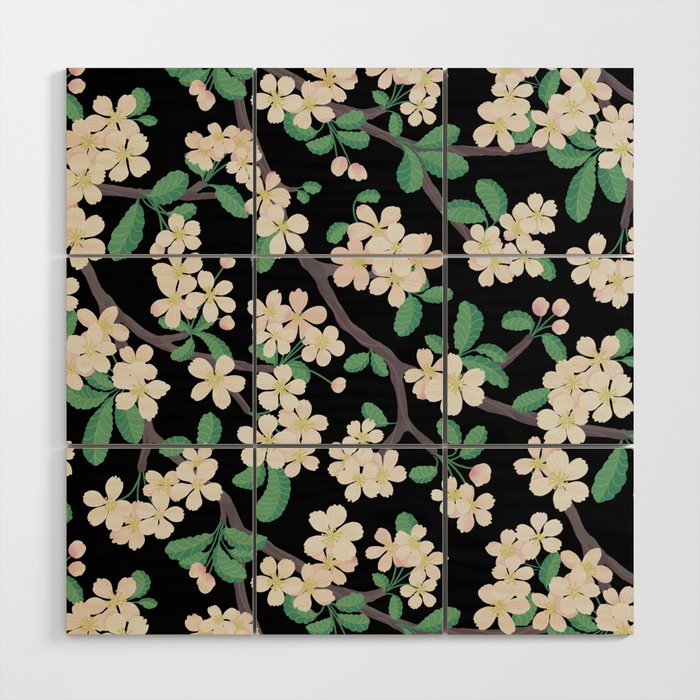 Apple Blossom Pattern on Black Wood Wall Art Gallery Image 1