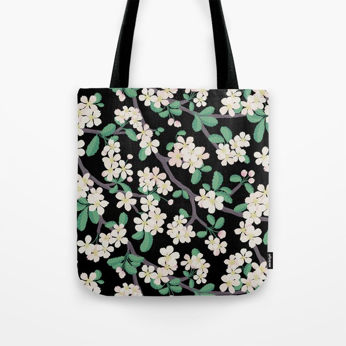 Apple Blossom Pattern on Black Tote Bag Gallery Image 1