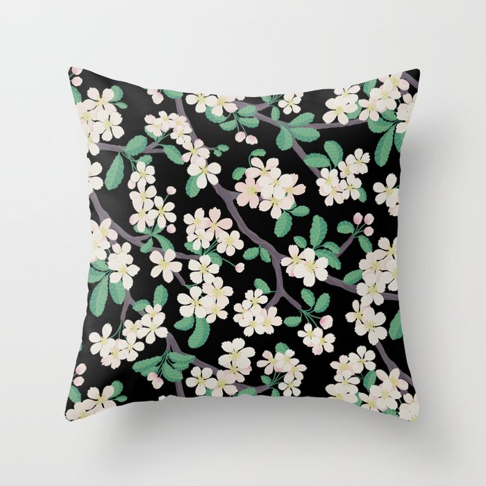 Apple Blossom Pattern on Black Throw Pillow Gallery Image 6