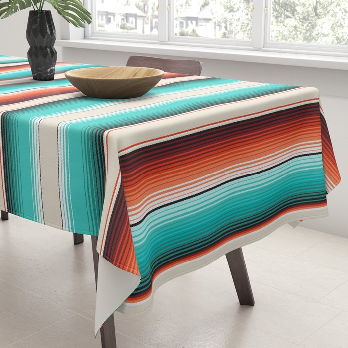 Navajo White, Turquoise and Burnt Orange Southwest Serape Blanket Stripes Tablecloth Gallery Image 3